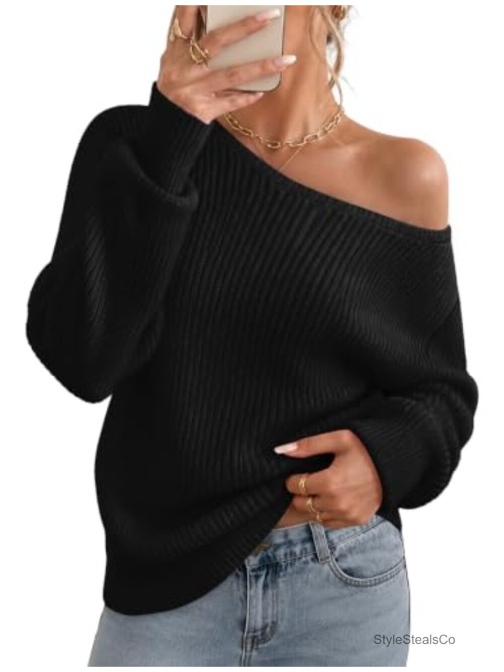 Women's Off Shoulder Pullover Sweater Drop Shoulder Crochet Knit Long Sleeve
